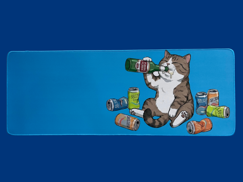 Drunk Cat  with Beer Cans (Blue) Desk Mat